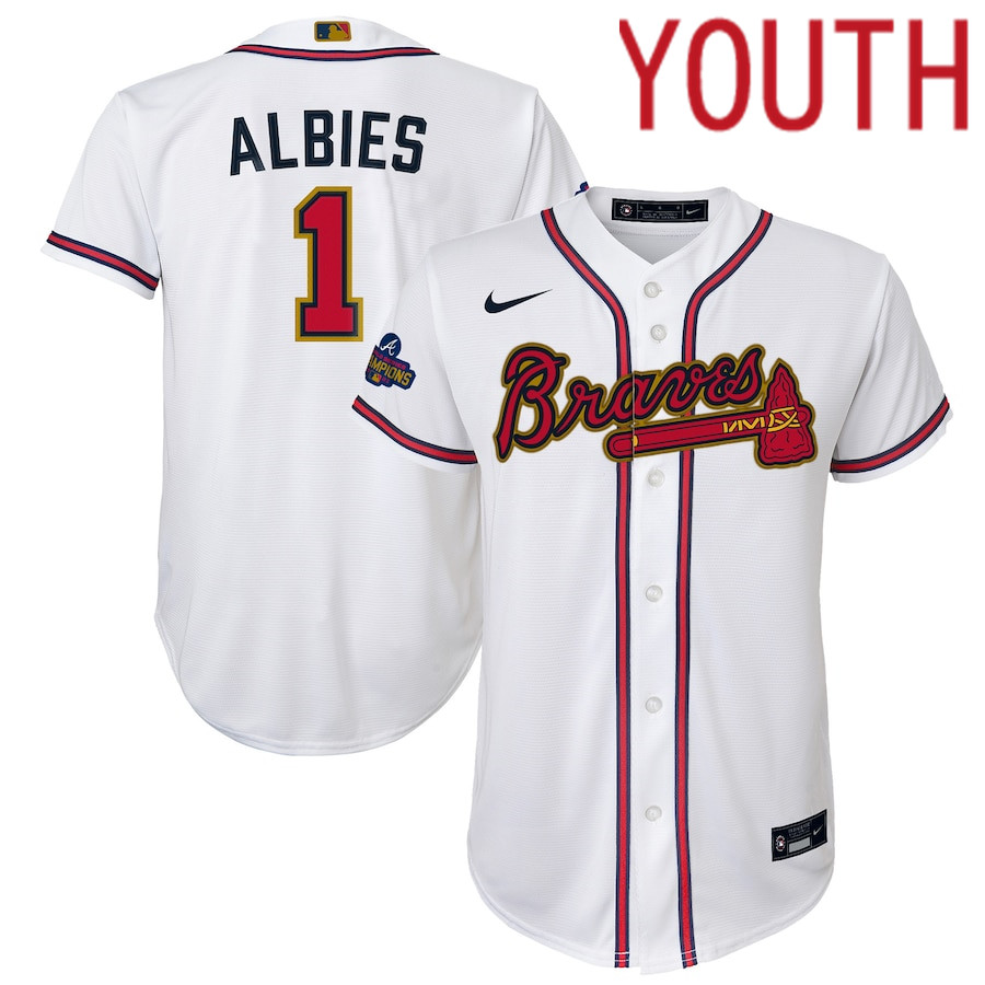 Custom Youth Atlanta Braves #1 Ozzie Albies Nike White 2022 Gold Program Replica Player MLB Jersey